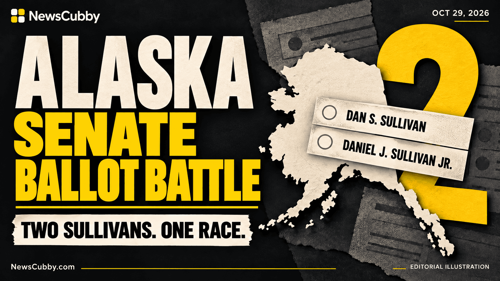 Ilustración editorial de NewsCubby de Alaska y dos nombres de candidatos sin marcar: Dan S. Sullivan y Daniel J. Sullivan Jr.; disputa electoral por el Senado.