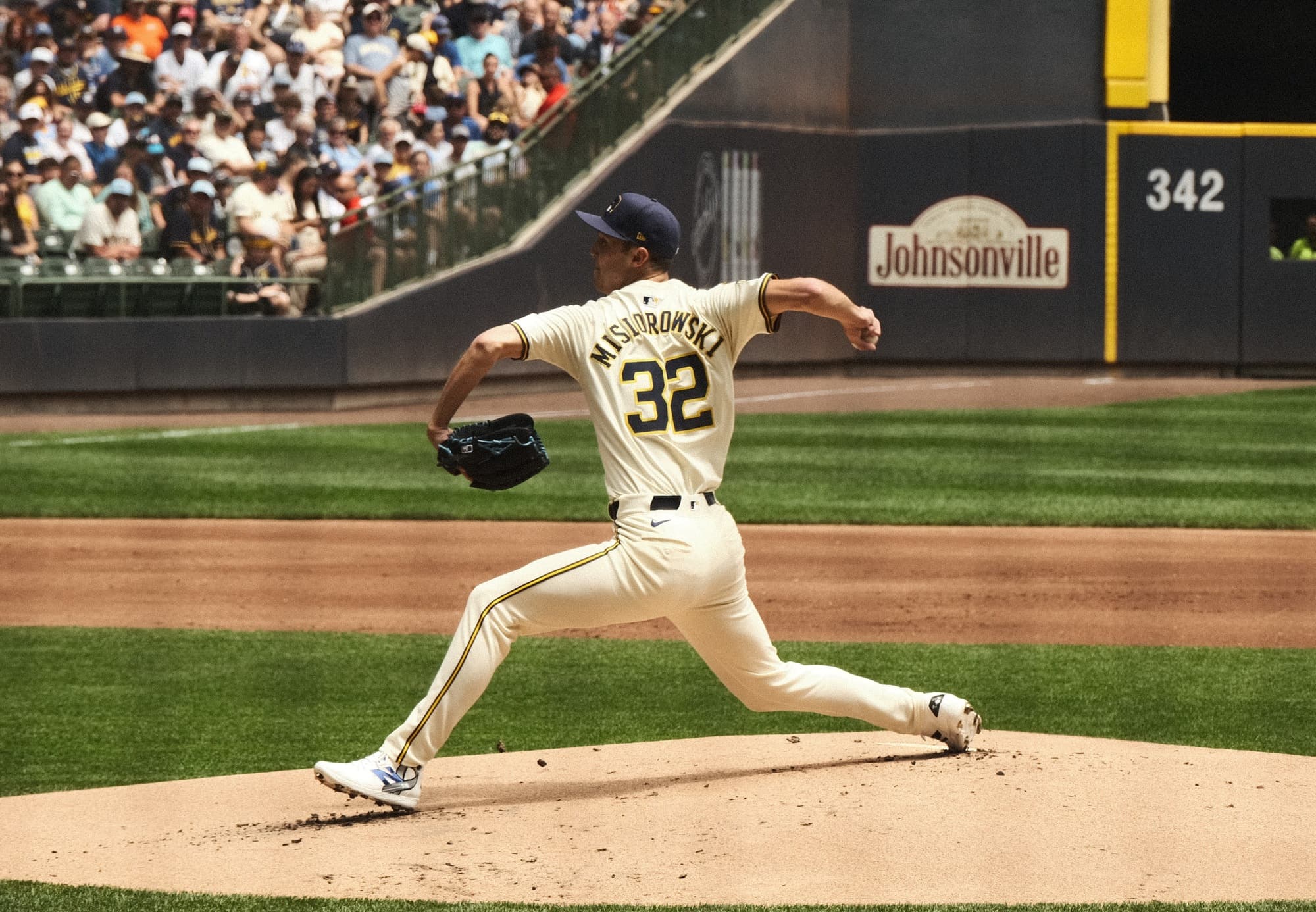 Milwaukee Brewers pitcher Jacob Misiorowski delivering a pitch during a 2025 game.