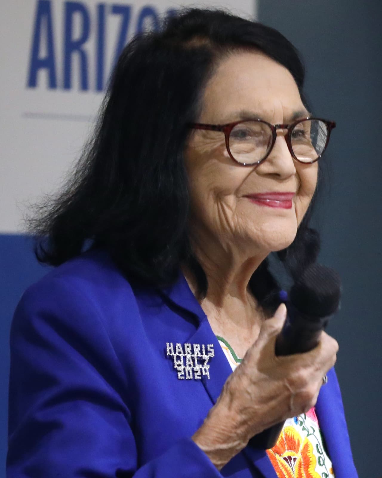 Dolores Huerta speaks at a press conference in Phoenix, Arizona, on August 28, 2024.