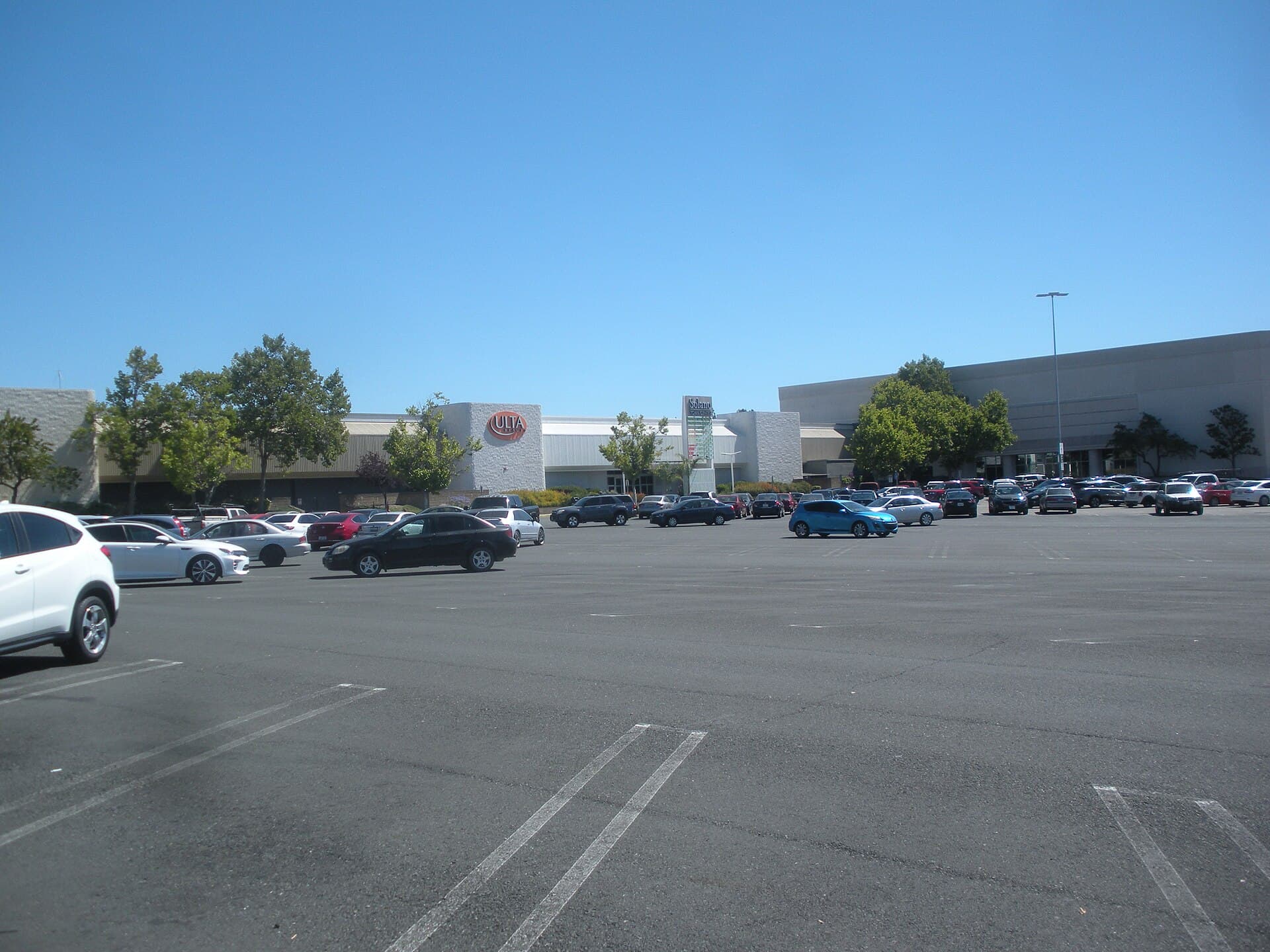 The exterior and parking area at Solano Town Center in Fairfield, California, in July 2019.