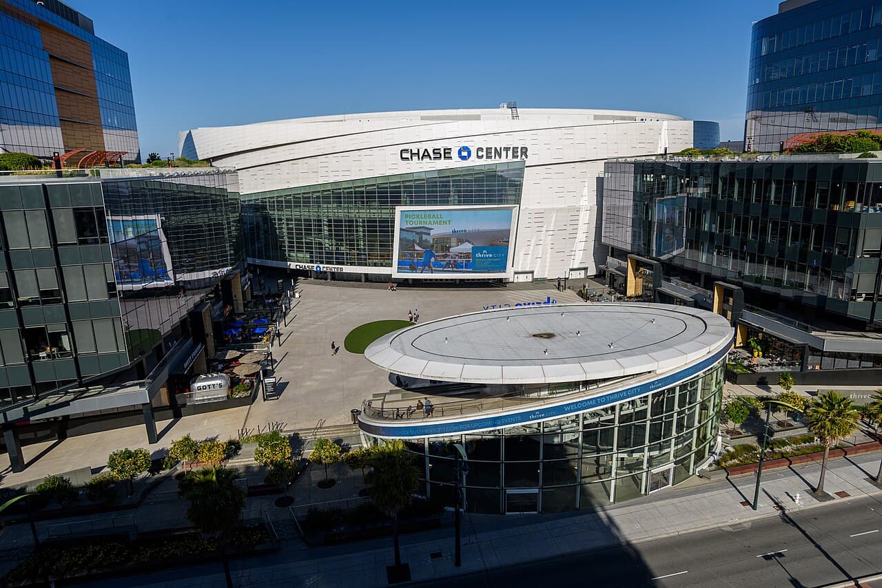 Chase Center and the west plaza, photographed from above the gatehouse in San Francisco.