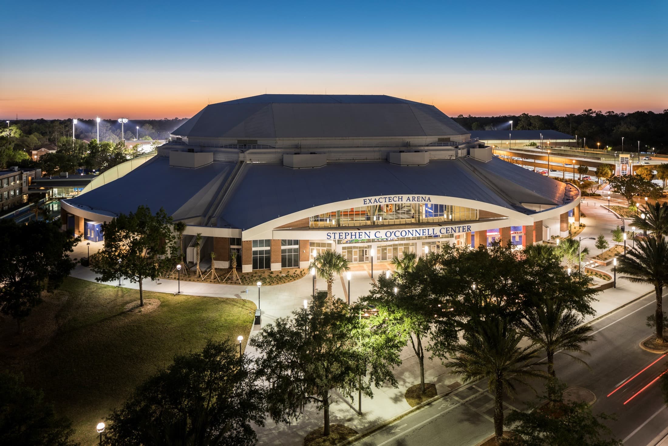 The exterior of Florida’s Stephen C. O’Connell Center at dusk in a 2017 archive photograph.