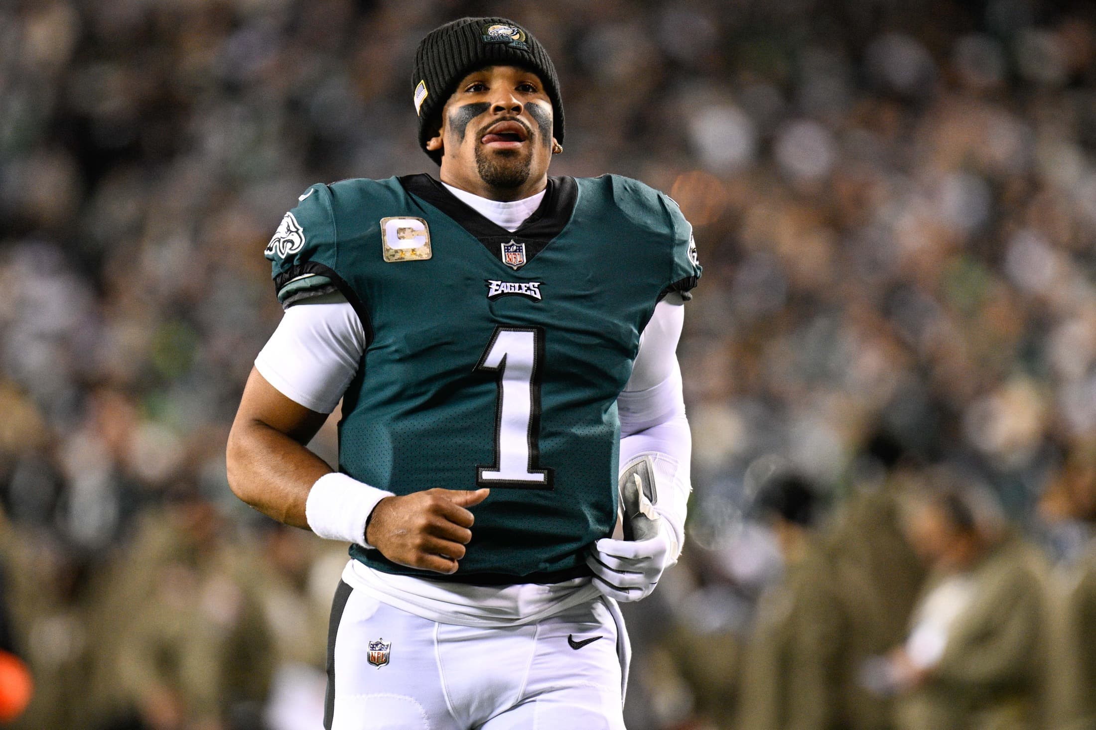 Philadelphia Eagles quarterback Jalen Hurts in uniform before a 2022 game.