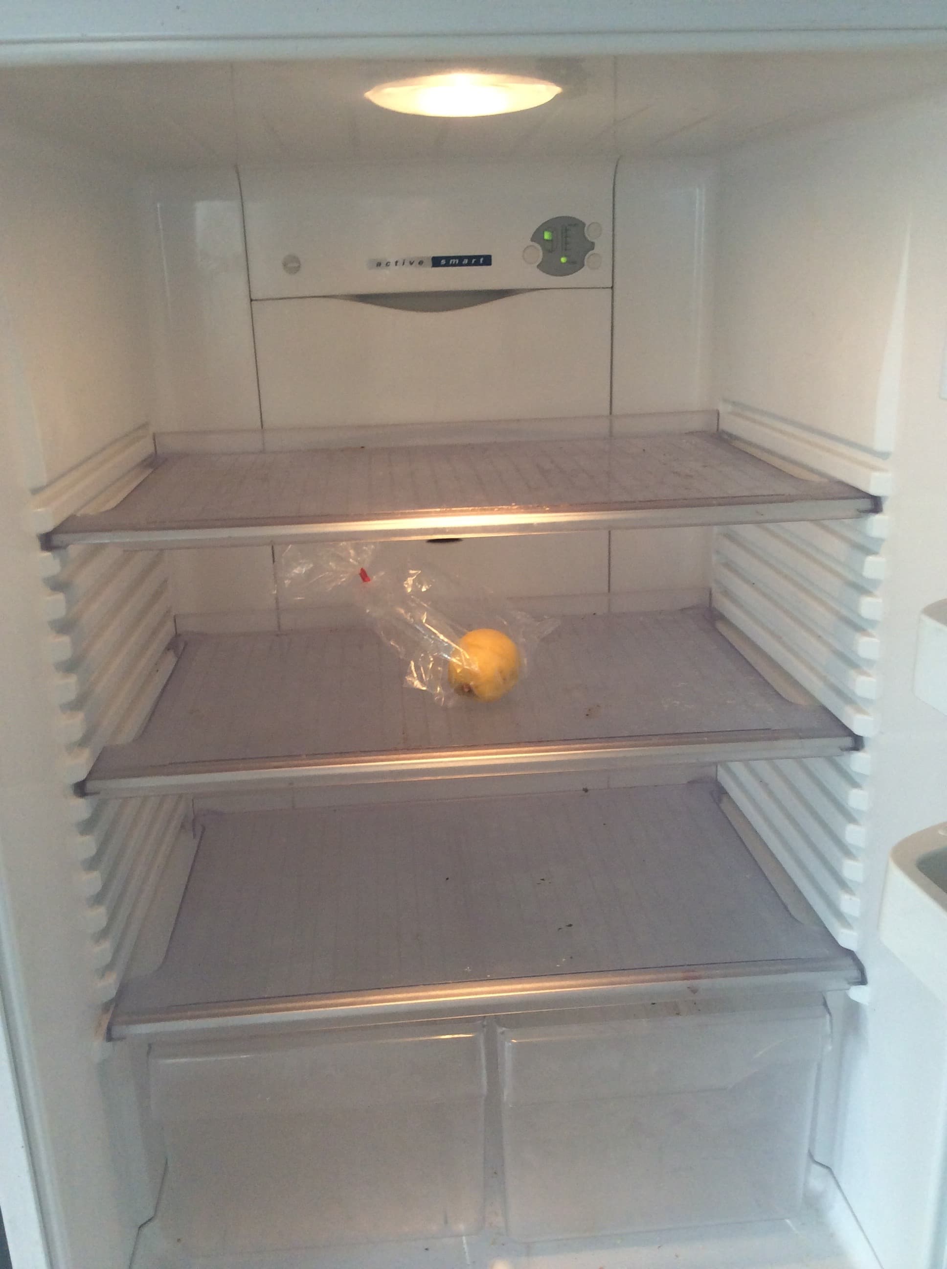 Interior shelves of a nearly empty household refrigerator.