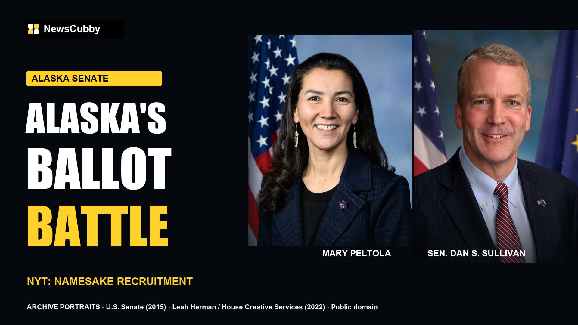 Mary Peltola and Senator Dan S. Sullivan in official archive portraits; NewsCubby Alaska ballot recruitment report cover.