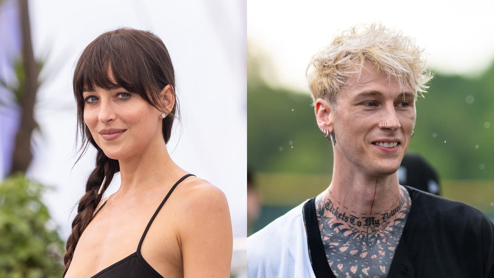 Dakota Johnson (left) and Machine Gun Kelly (right) in separate archive photos shown side by side.