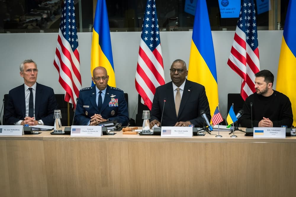 Volodymyr Zelenskyy with Lloyd Austin, CQ Brown and Jens Stoltenberg at NATO headquarters in Brussels in October 2023.