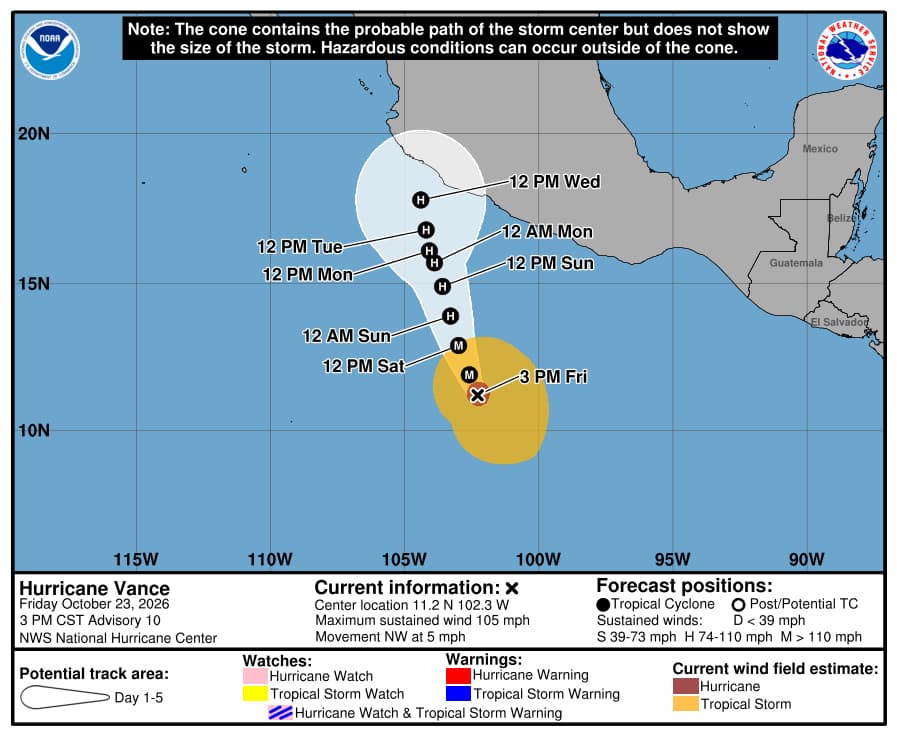 National Hurricane Center forecast cone for Hurricane Vance, Advisory10, issued October23,2026 at21:00UTC