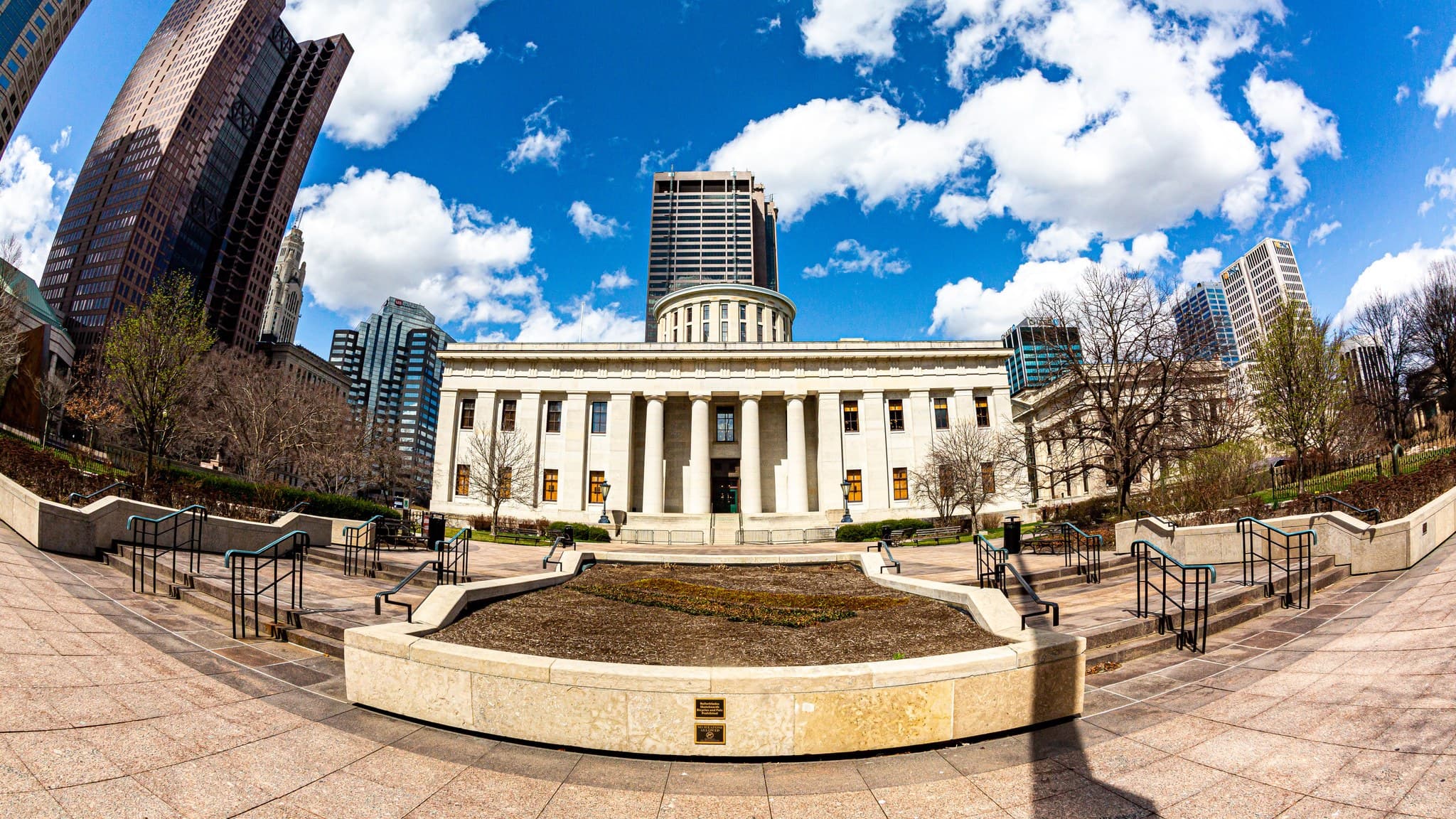 Archive photograph of the Ohio Statehouse from State Street, March 24, 2021; government context, not the campaign advertisement.
