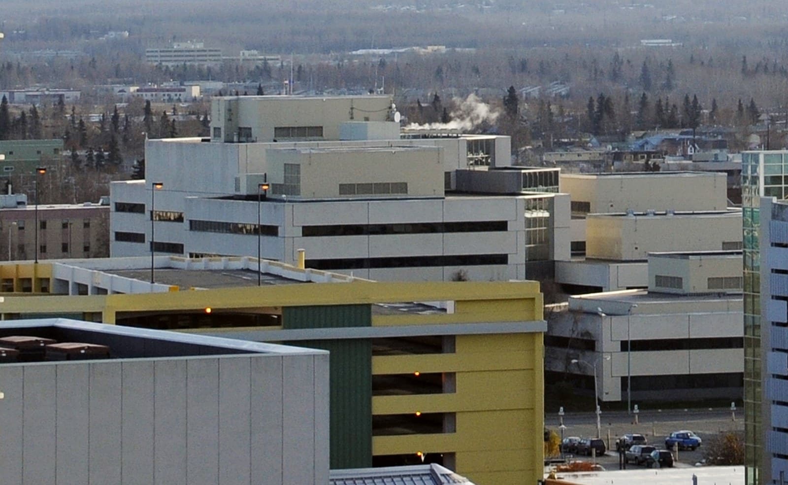 The James M. Fitzgerald Federal Building and US Courthouse in Anchorage, Alaska, seen from above
