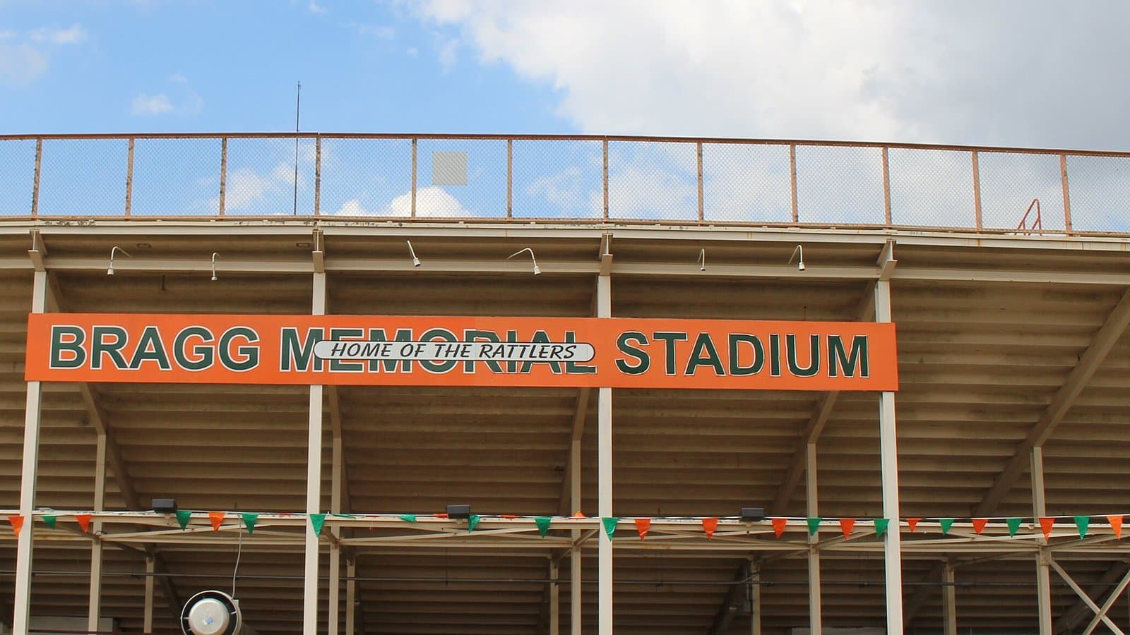 The orange Bragg Memorial Stadium sign on the east face of Florida A&M University's stadium in Tallahassee, in a 2019 archive photo.