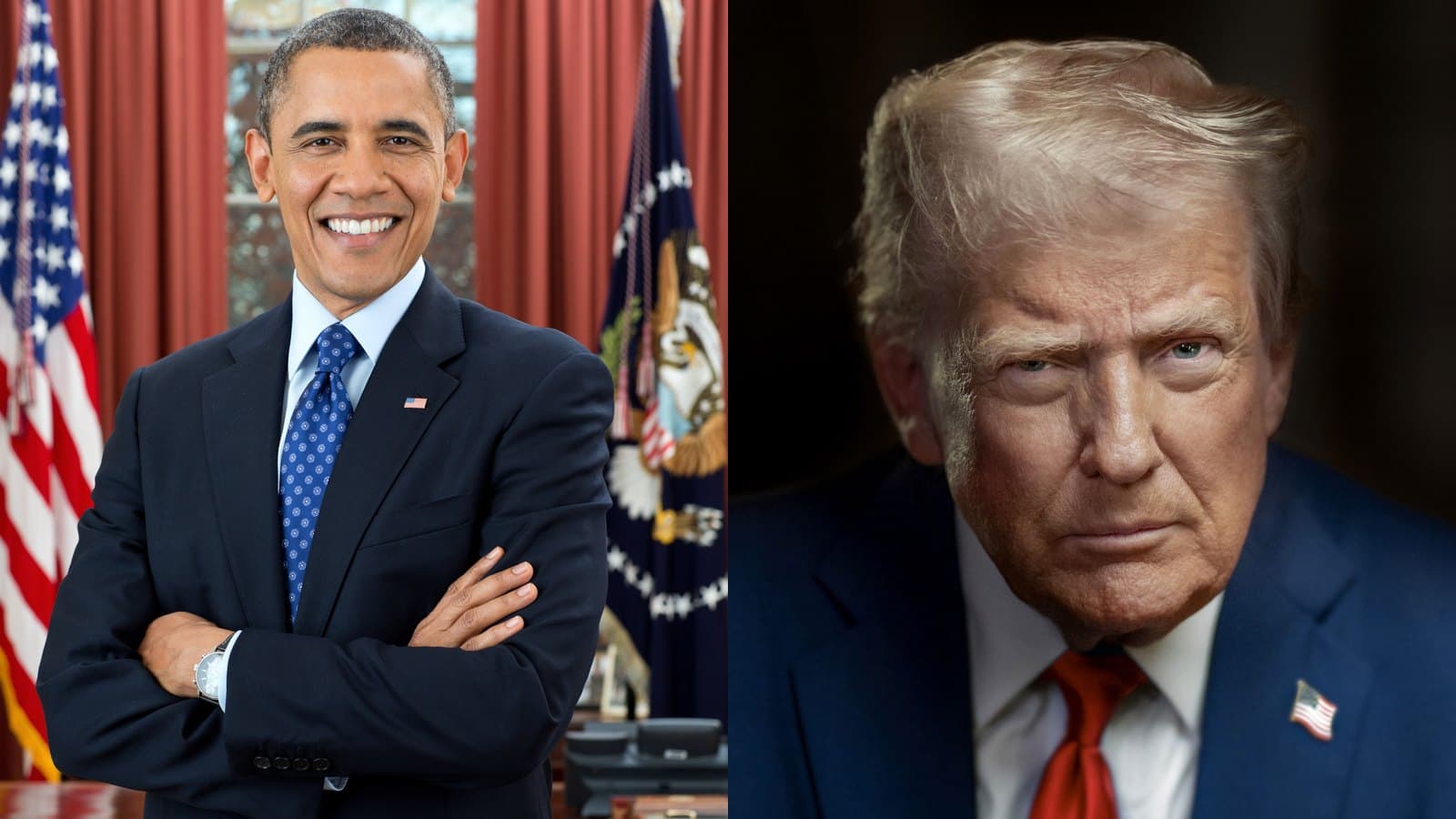 Official portraits of Barack Obama (left) and Donald Trump (right), shown side by side.