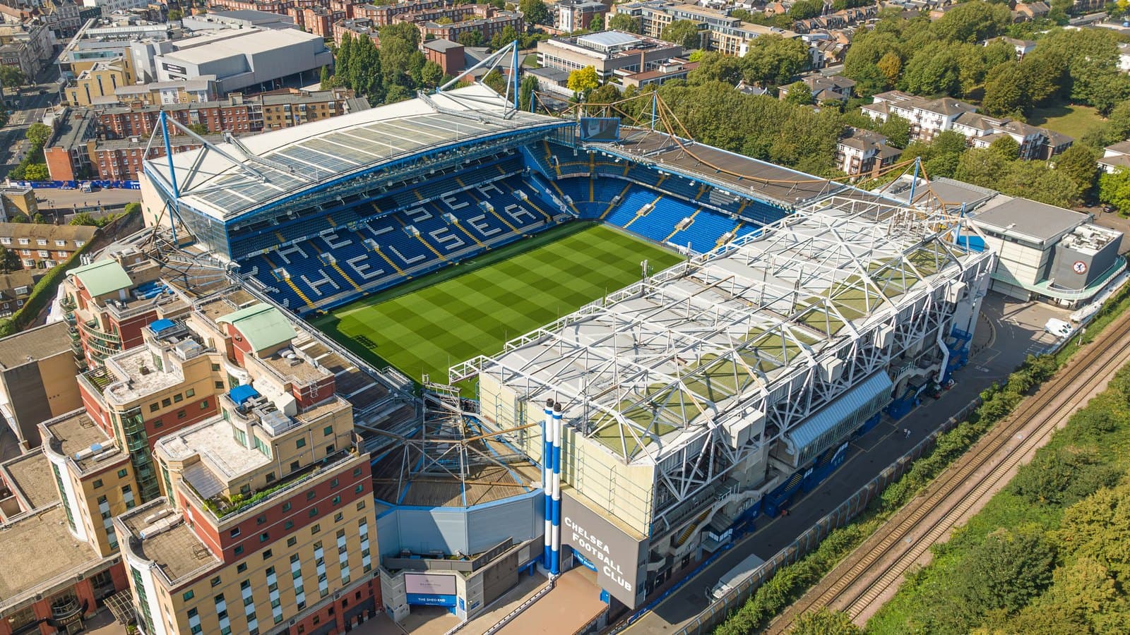 Aerial view of Stamford Bridge, Chelsea’s home stadium in London, in September 2023.