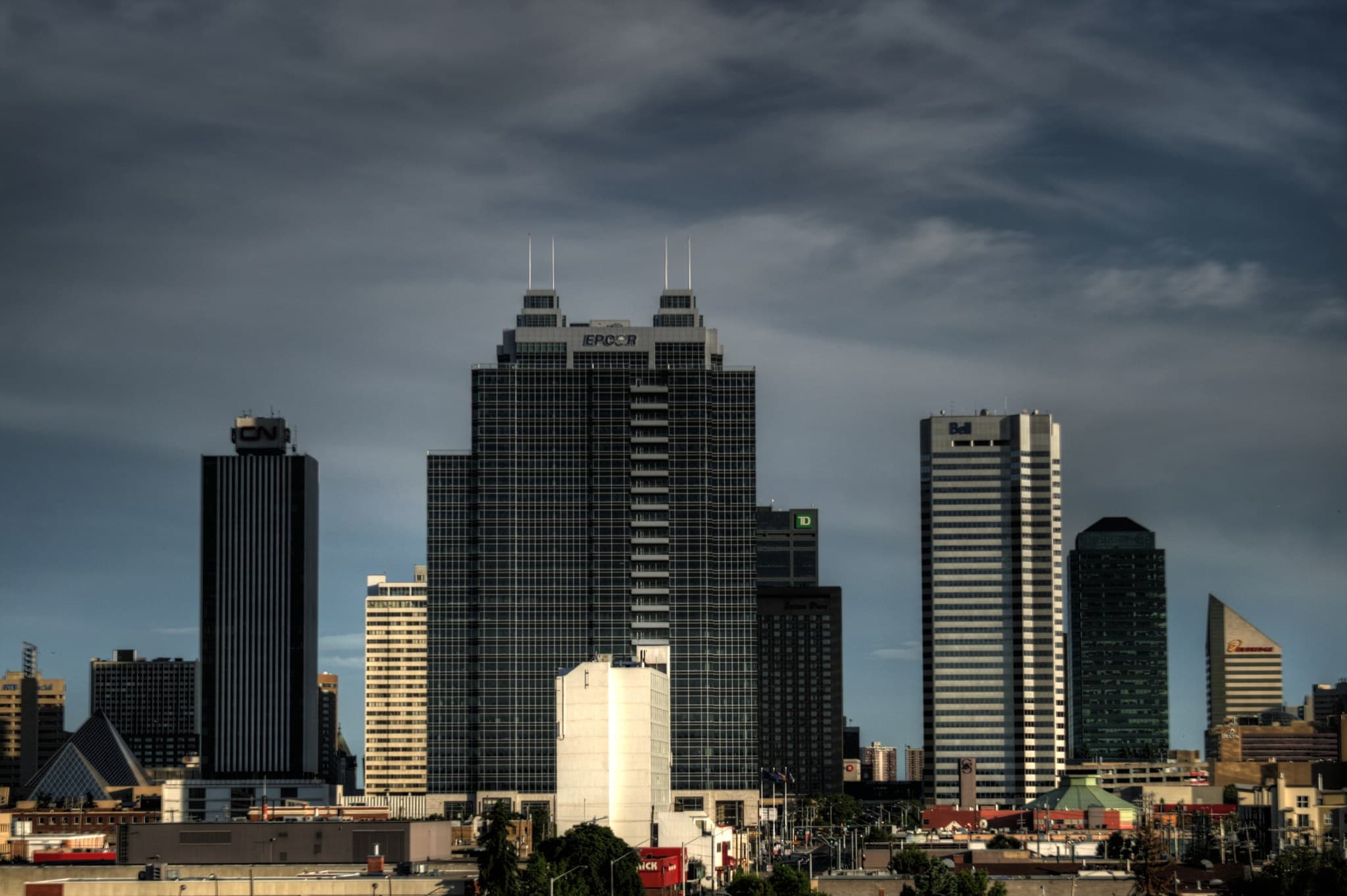 Archive photograph of EPCOR Tower in Edmonton, June 16, 2012; the building before BioWare moved in, not a scene of the 2026 closure.