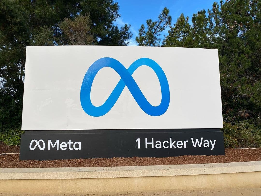 Archive photograph of the Meta headquarters entrance sign in Menlo Park, California, May 12, 2022; not the 2026 court proceedings.