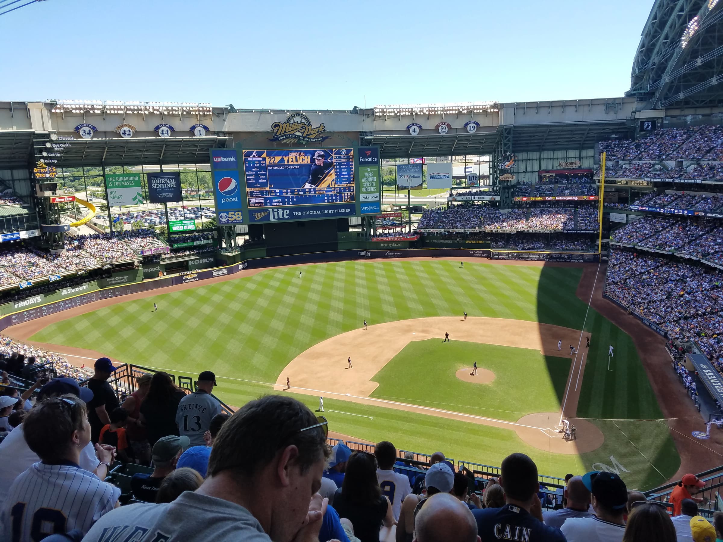 Interior of Milwaukee’s baseball park, then called Miller Park, during a game in July 2018.