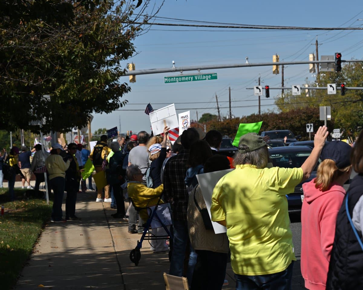 Archival roadside No Kings protest in Gaithersburg, Maryland, on October 18, 2025.