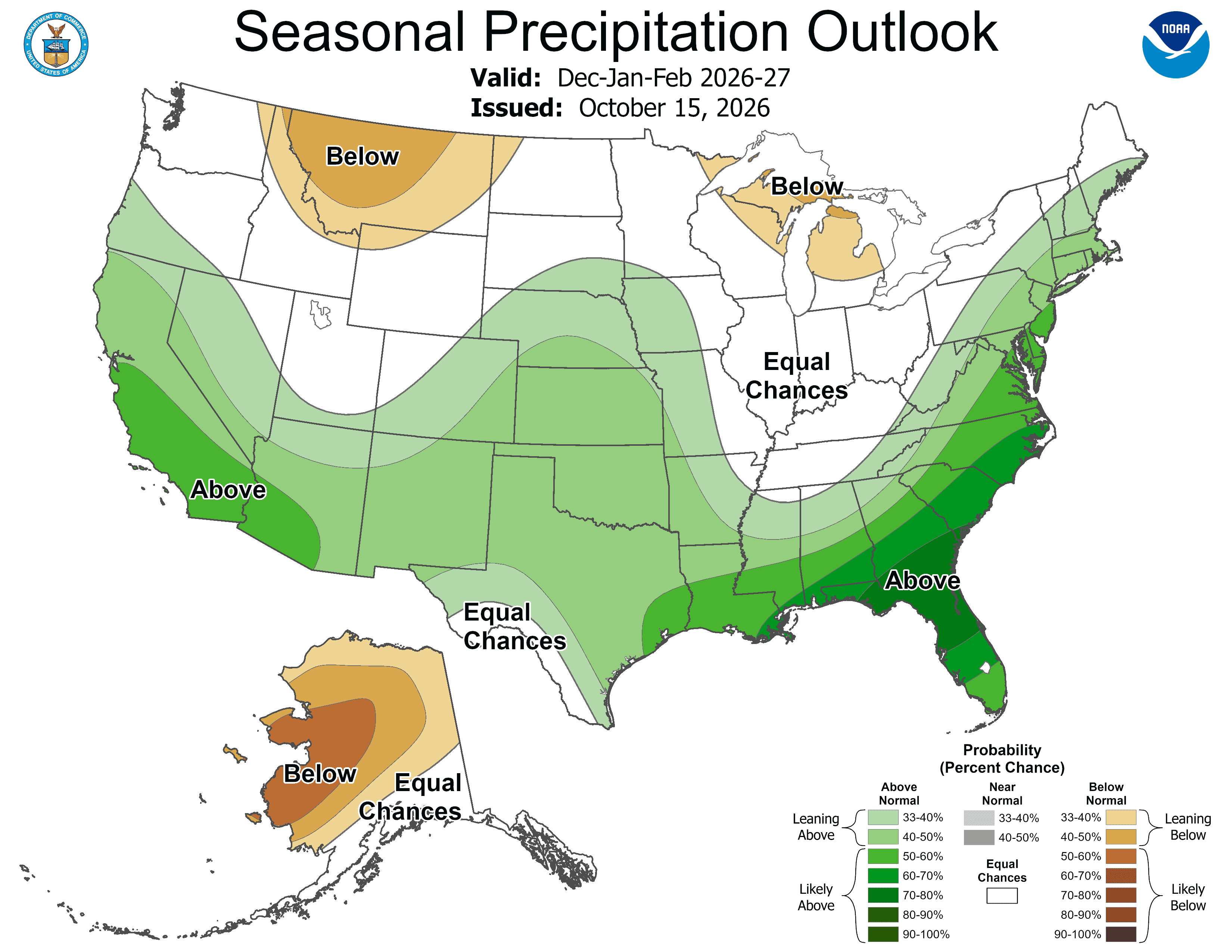 NOAA seasonal precipitation outlook map for December 2026 through February 2027, issued October 15, 2026.