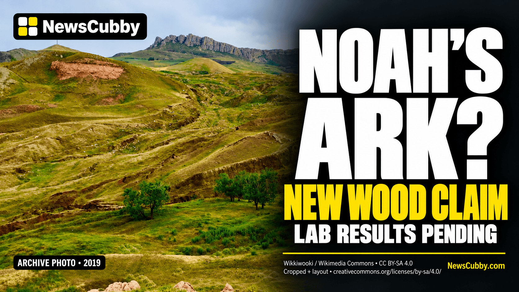 Portada de NewsCubby sobre la posible Arca de Noé: vista de archivo de Durupınar; análisis pendientes.