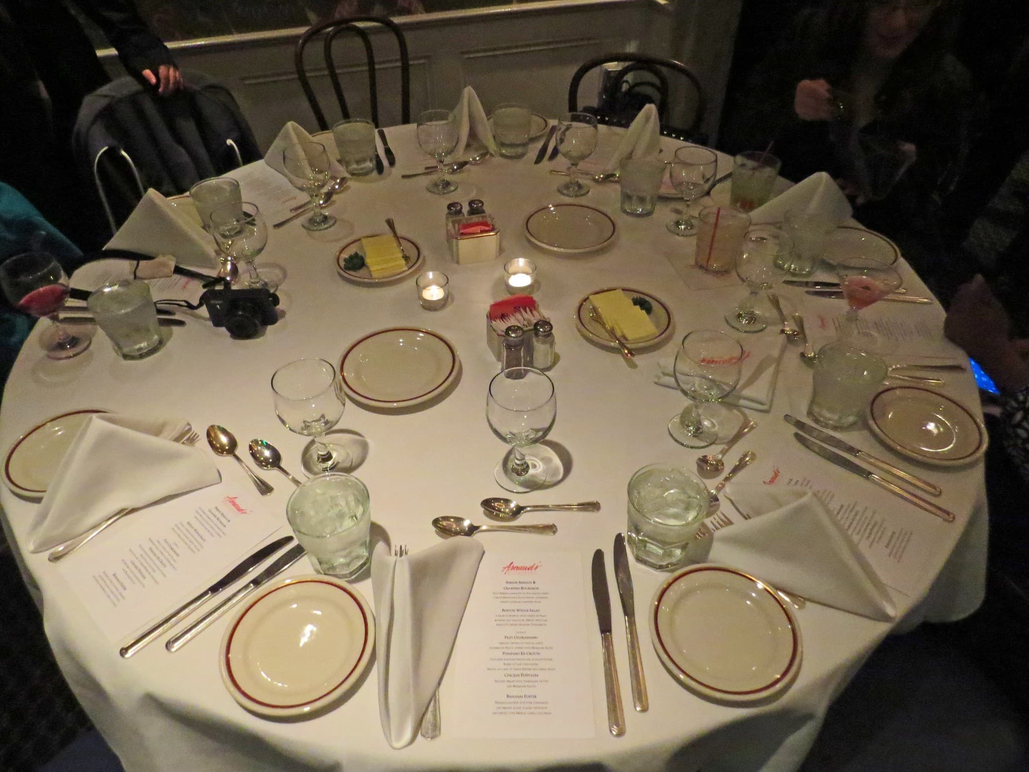A set dining table inside Arnaud’s restaurant in New Orleans.